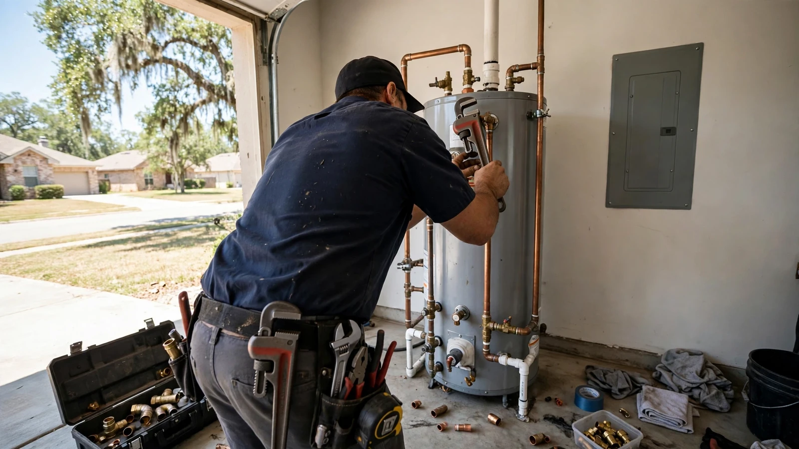 Plumber repairing a residential water heater