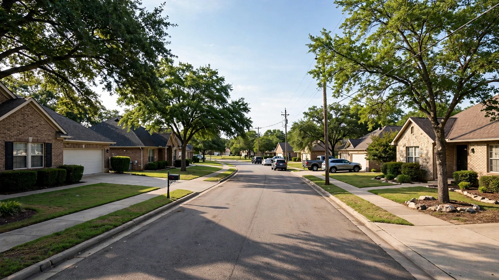 Tree-lined residential street with brick homes in a North Texas suburb