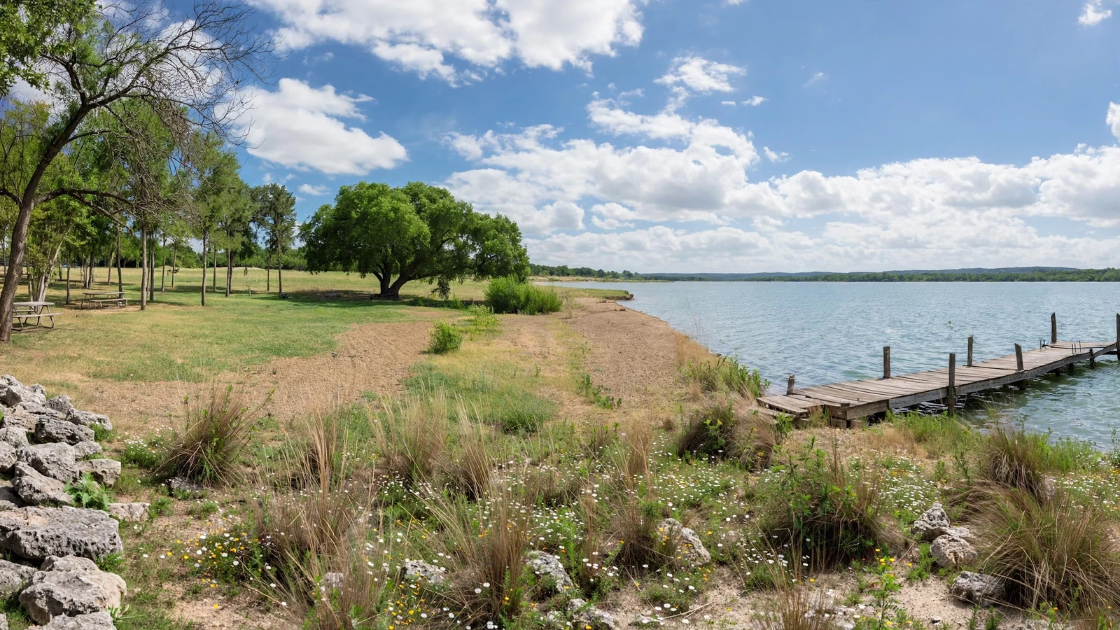 Lakeshore with a wooden dock under a North Texas sky